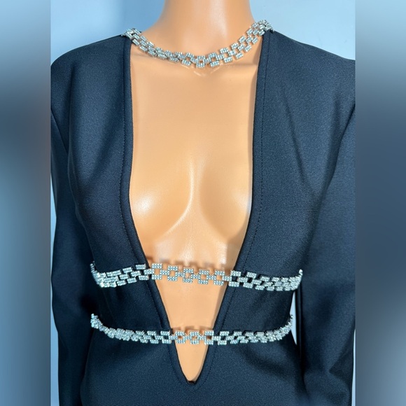 Chic Black Long Sleeve Dress with Crystal Accents - Picture 4 of 14